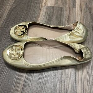 Tory Burch Sz 11 Minnie Travel Ballet Flat Iridescent Gold Large Metal Logo